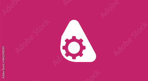 A white gear icon within a white shape on a magenta backdrop. Simple and clear design