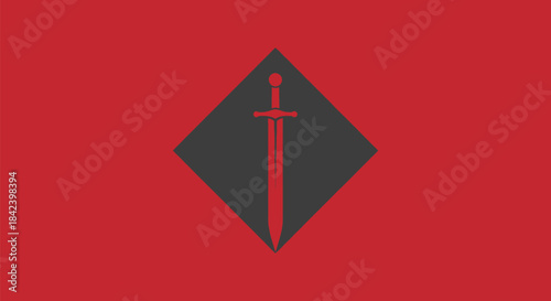 A red field with a dark gray diamond, and a red sword within. The sword is vertical