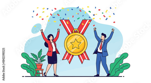 Celebrating Achievement and Professional Success — Two Business People Rejoicing in Front of Gold Medal with Star and Red Ribbon, Surrounded by Confetti, Plants, and Light Blue Abstract Background