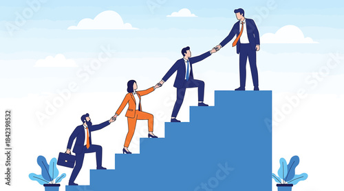 Career Advancement and Team Support in Professional Setting — Business People Helping Each Other Climb Stairs Toward Success with Blue Sky, Clouds, and Plants Symbolizing Growth, Mentorship, and Colla