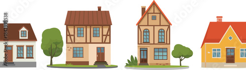 Traditional house illustration set with charming architecture, half-timber homes, cozy cottages, European residential buildings, rustic village facades artwork