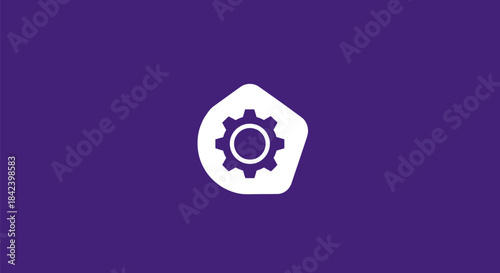 A white gear icon within a white shape on a purple background. Simple and minimalistic