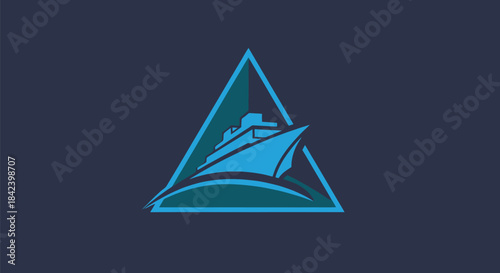 A teal cruise ship graphic inside a blue triangle on a navy blue background