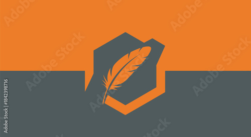 Stylized feather inside a hexagon in a two-tone layout, orange and gray