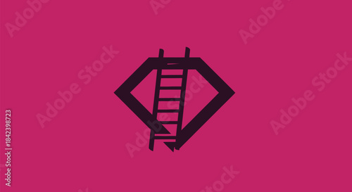 A black diamond frame encircles a ladder on a pink backdrop, geometric and minimalist