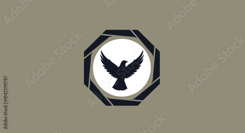 A dove silhouette in a white circle, surrounded by a dark geometric frame on a beige background