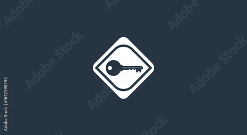 A white key graphic within a square-diamond shape on a dark-blue background