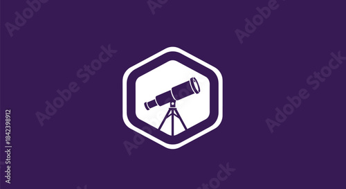 Silhouette of a telescope inside a hexagon outline on a deep purple background