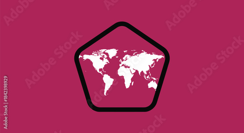 A white world map, enclosed in a black pentagon, on a solid maroon background