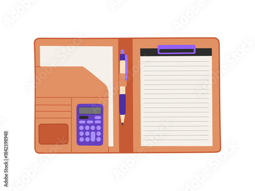 Open note pad with white lined pages, calculator and pen. Diary, daily planner, organizer, office and school stationery. Hand drawn vector illustration isolated on white background, flat cartoon style