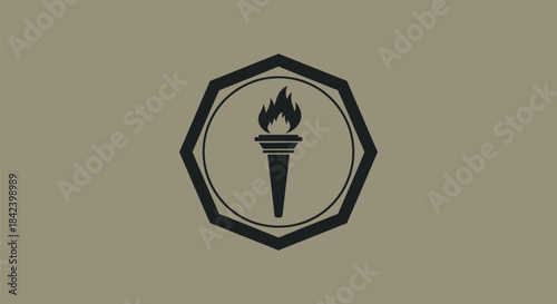 A dark gray torch with flames within a circle, enclosed in a geometric shape, all on taupe