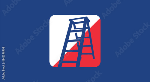 A blue stepladder silhouette on a white and red background within a blue rectangle with rounded edges