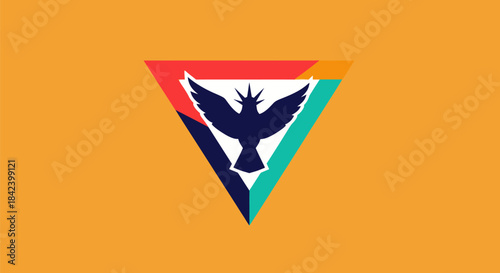 A navy blue bird emblem inside a triangular shape with colors red, green, blue and orange
