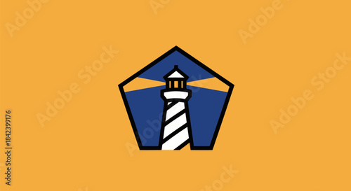 A lighthouse within a blue pentagon, set against an orange background