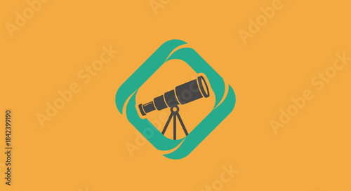 A telescope sits within a teal-framed diamond against an orange background