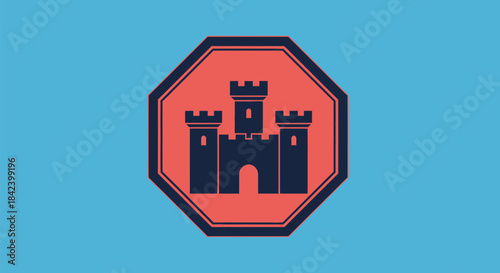 A castle icon inside an octagon, on a blue background. The castle is dark blue, the octagon is red