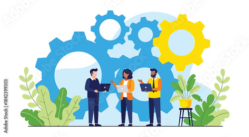 Team Collaboration and Productivity in Business Environment — Professionals with Clipboard, Tablet, and Pointer Engaged Around Large Colorful Gears with Plants and Table Representing Strategy and Tech