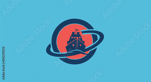 A stylized ship icon with circles and swooshes, set against a light blue backdrop