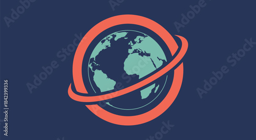 Globe graphic in blue, teal, and orange, surrounded by an orbiting ring, all on a dark blue background