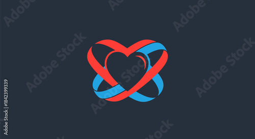A logo of intertwined red and blue ribbons forming heart shapes on a dark background