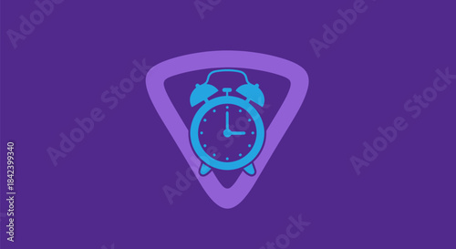 A blue alarm clock inside a light purple shield against a dark purple background