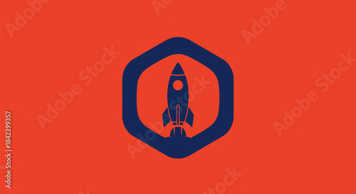 A dark blue rocket within a blue hexagon on a red background. Simple, minimalist design