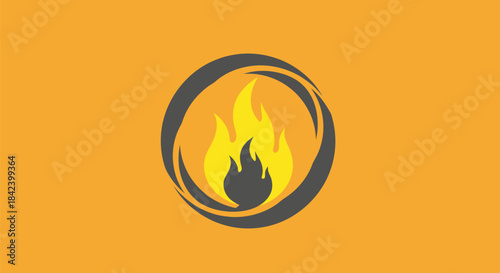 A stylized fire graphic enclosed in a grey swirling ring against an orange background