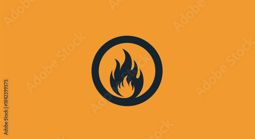 A stylized fire icon, enclosed in a circle, on a solid orange-yellow background