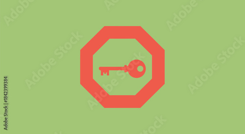 Red key within a red octagon shape on a green background