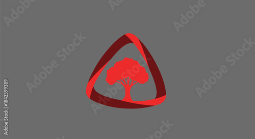 A red tree icon enclosed in a twisted triangle shape against a gray backdrop