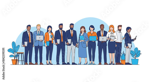 Diverse Business Team Standing in Line with Laptops, Tablets, and Documents — Professional Group in Modern Corporate Attire with Abstract Blue Background and Plants Representing Collaboration and Work