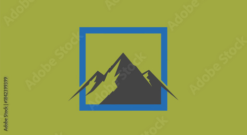 A gray mountain range is framed in blue within a square on an olive green background