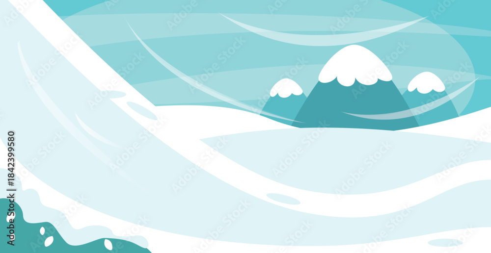 Obraz premium Minimal winter landscape illustration with snowy hills, mountains, and soft swirling wind shapes in pastel green tones. Clean, modern backdrop perfect for seasonal designs, banners, and holiday graphi