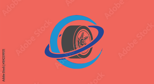 A stylized wheel icon encircled by blue arcs on a coral background