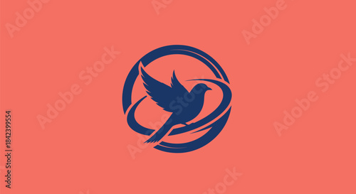 A blue bird silhouette encircled by intersecting curves on a coral background