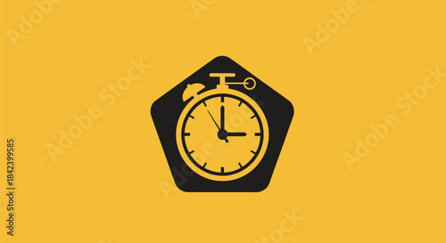 A black stopwatch icon inside a black pentagon shape on a yellow background