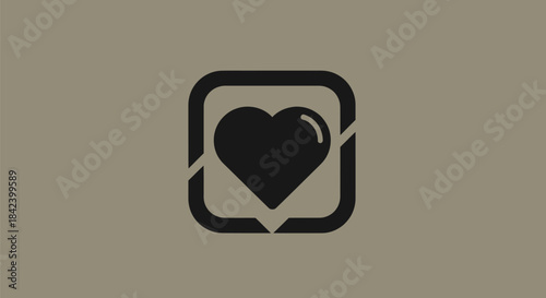 A black heart within a speech bubble-like, rounded square on a muted taupe background