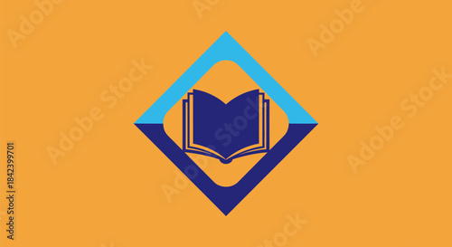 A dark blue book graphic inside a diamond shape, set within a light blue diamond on orange