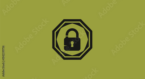Black open padlock icon inside an octagon on a olive background