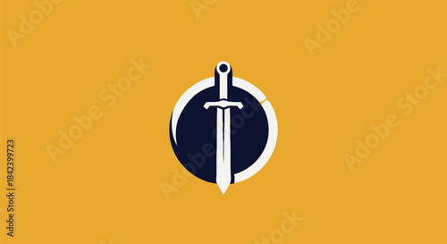 A centered sword within a circle on a yellow-gold background