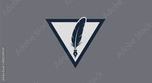 A quill pen icon sits inside an inverted triangle, centered on a gray background