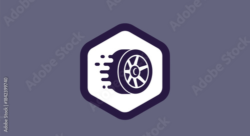 Wheel graphic in white within a dark polygon. Motion trails give a sense of speed