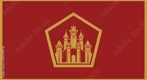 A red flag with a gold pentagon enclosing a gold castle silhouette. Gold border