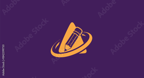 A pencil icon within a triangle and surrounding orbit on a purple background