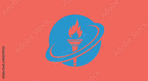 A blue torch with flames inside an oval and ring on a coral backdrop