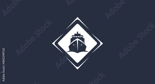 A white ship silhouette centered within a white, diamond-shaped frame on a navy blue backdrop