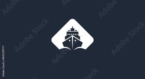 A stylized white ship icon inside a diamond shape against a navy blue background