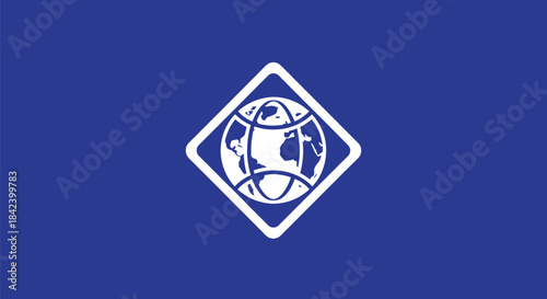 Blue flag featuring a white diamond containing a globe graphic within another white diamond