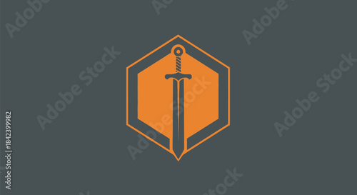 An orange sword is centered within an orange hexagon outlined by grey, over a gray background