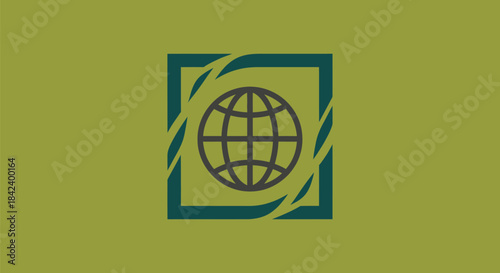 A globe icon inside a square with dark teal strokes on an olive-green background